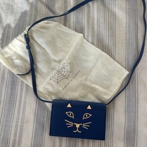 Charlotte Olympia Navy Cat Face Leather Mini Crossbody Wallet Bag